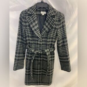 LOFT Black and Gray Trench Coat with Houndstooth Pattern